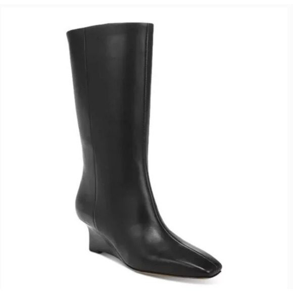 Vince Beverly Leather Wedge Boots 6 Black NWOT Mid Calf Booties Academia Career - Picture 1 of 12